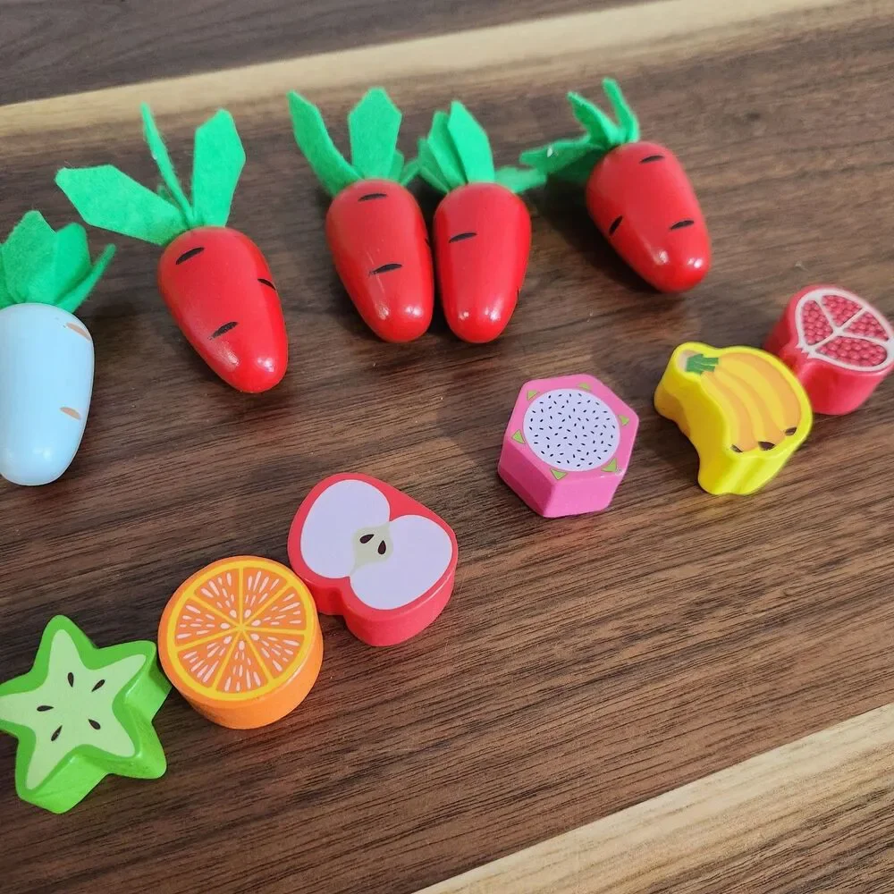 Montessori Wood Pretend Play Food Toy Fruit Vegetables Carrot Harvest 18 Pieces